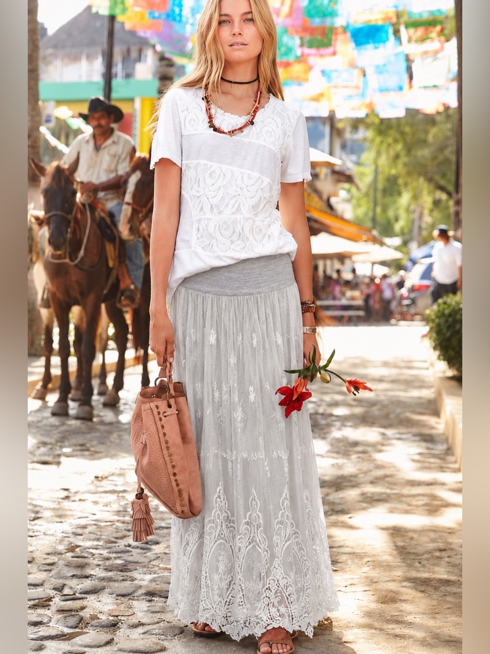 Sundance Embroidered Eyelet Lace Maxi Skirt Cream XL Lined Coquette Boho Prairie